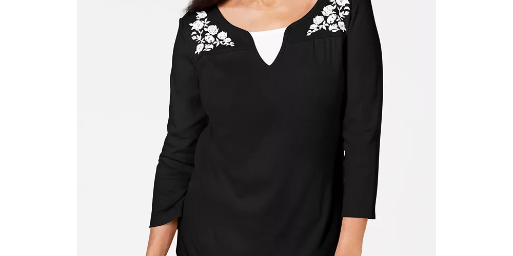 Blusa feminina Karen Scott de algodão bordado com camadas, tamanho pequeno, castanho, tamanho G