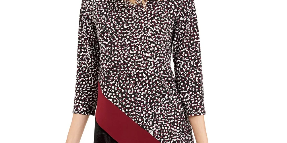 Blusa feminina Alfani Colorblock com bainha assimétrica, preta, tamanho pequeno GG