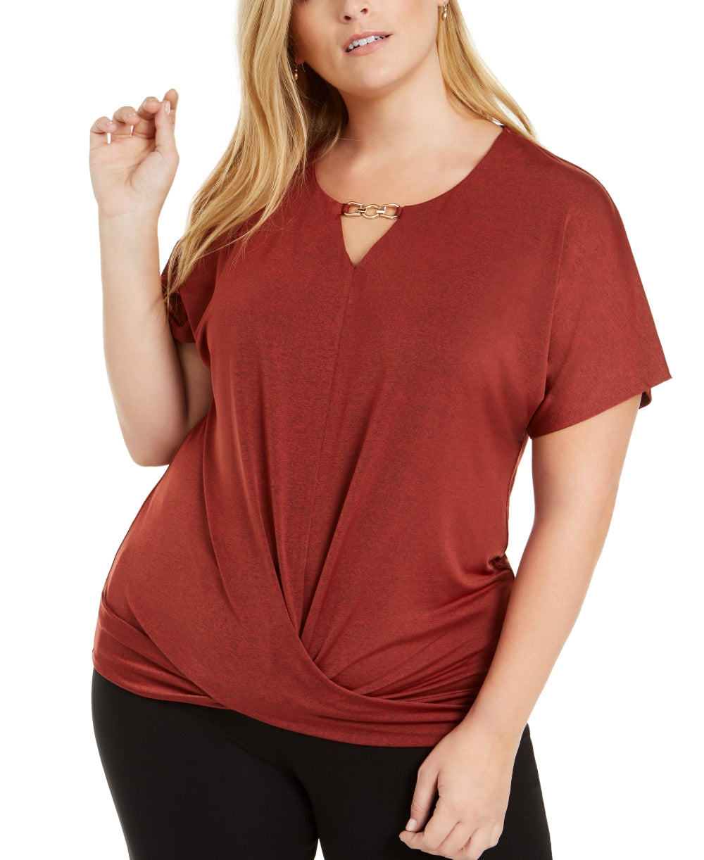 JM Collection Top feminino plus size com frente torcida, vermelho, tamanho 1X