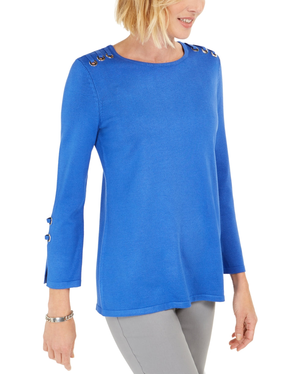 JM Collection Top feminino com decote redondo e detalhes em azul, tamanho X-S