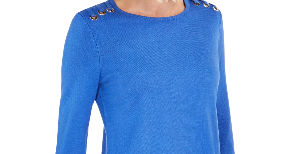JM Collection Top feminino com decote redondo e detalhes em azul, tamanho X-S