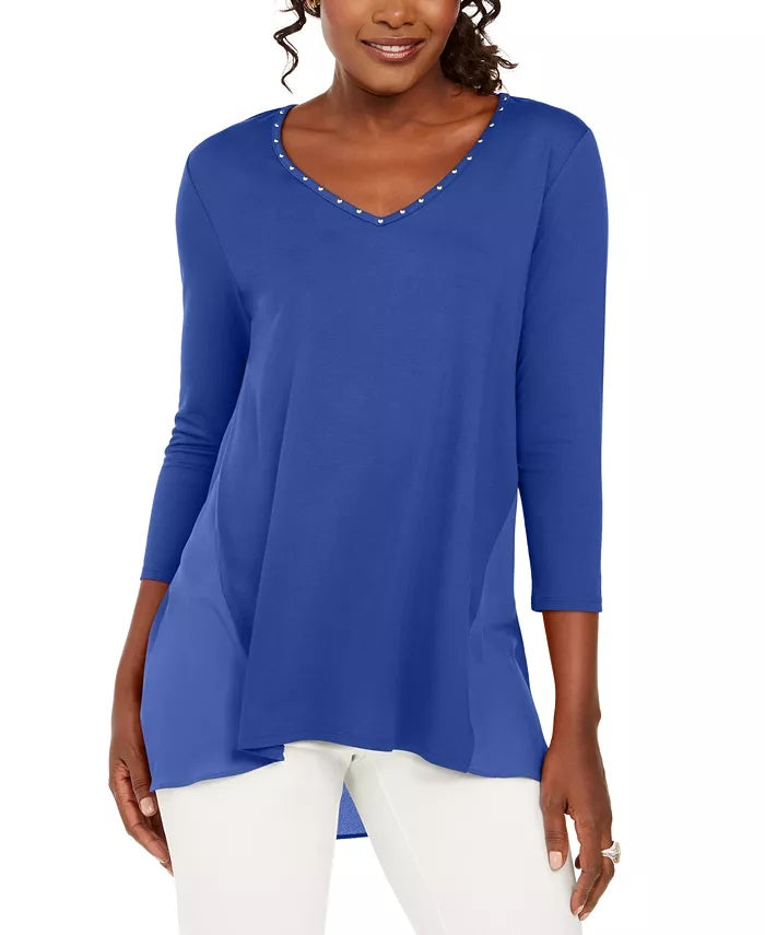 JM Collection Top Feminino Mixed-Media Studs Azul Tamanho X-S