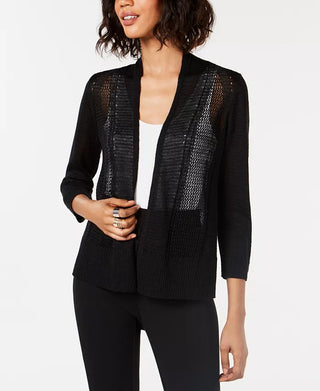 Cardigan Alfani Feminino Petite com Ponto Misto e Frente Aberta, Preto, Tamanho PS