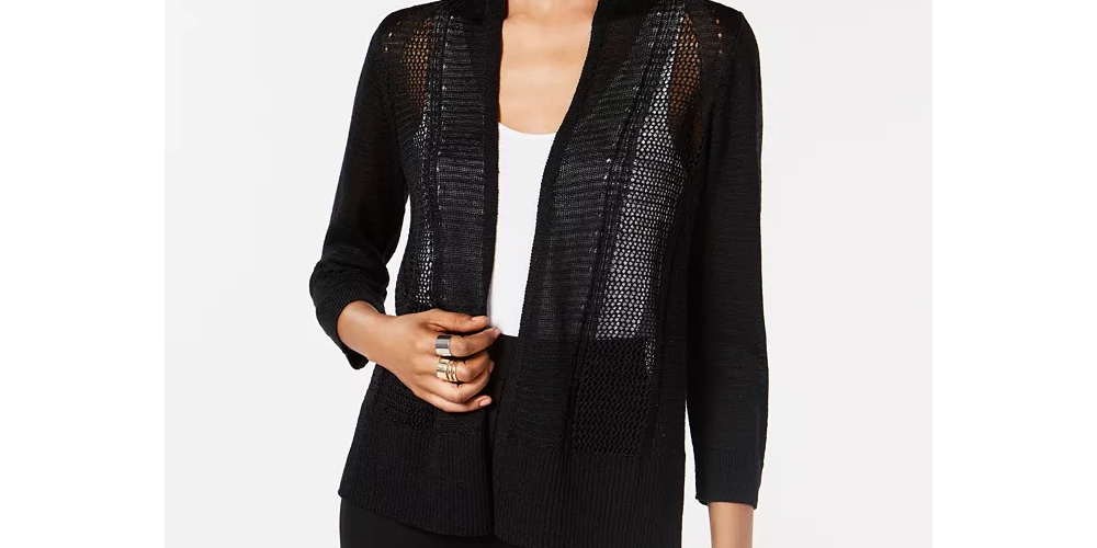 Cardigan Alfani Feminino Petite com Ponto Misto e Frente Aberta, Preto, Tamanho PS