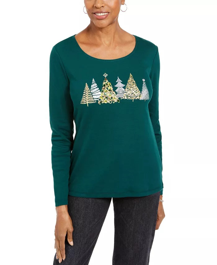 Camisa gráfica Sparkle Holiday feminina Karen Scott, verde, tamanho XX-G