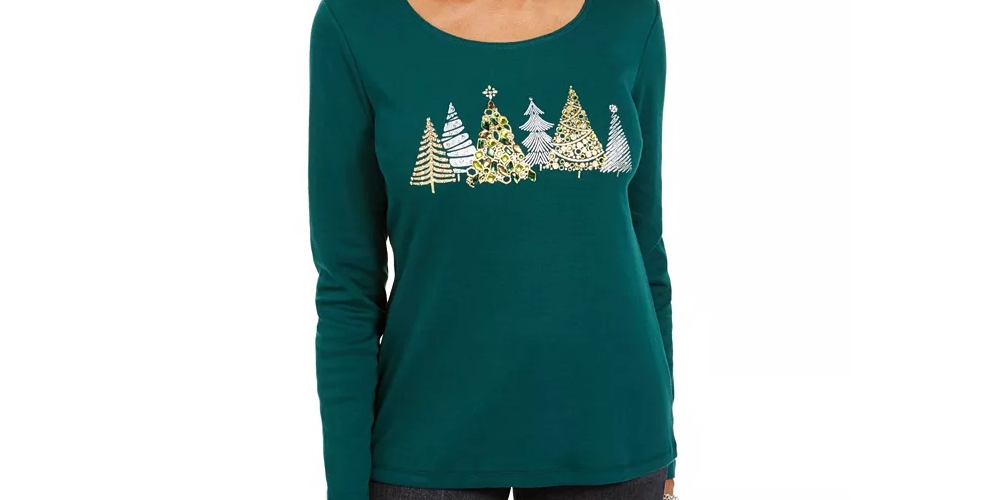 Camisa gráfica Sparkle Holiday feminina Karen Scott, verde, tamanho XX-G