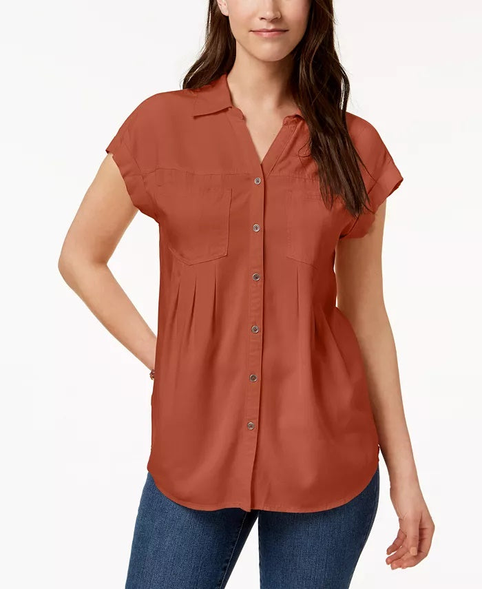 Blusa plissada com mangas e punhos Style &amp; Co feminina, laranja escuro, tamanho X-S