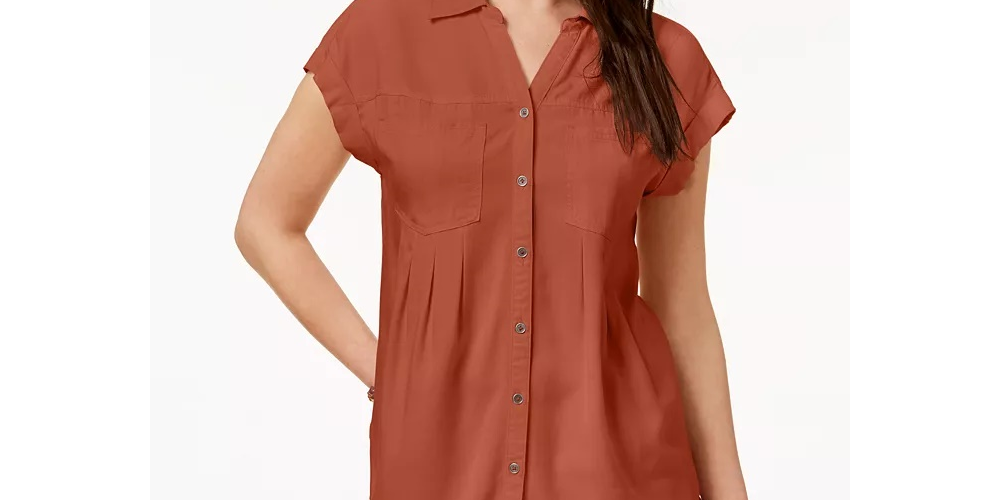 Blusa plissada com mangas e punhos Style &amp; Co feminina, laranja escuro, tamanho X-S