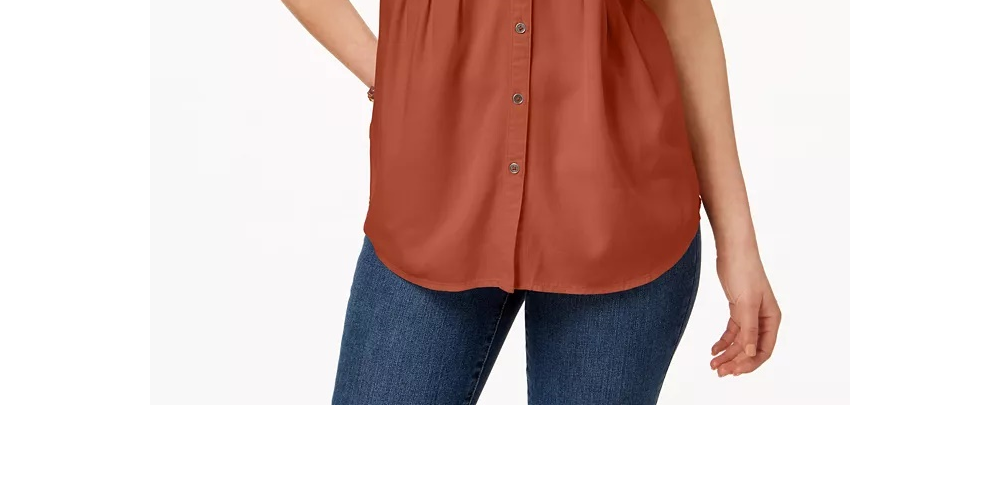 Blusa plissada com mangas e punhos Style &amp; Co feminina, laranja escuro, tamanho X-S
