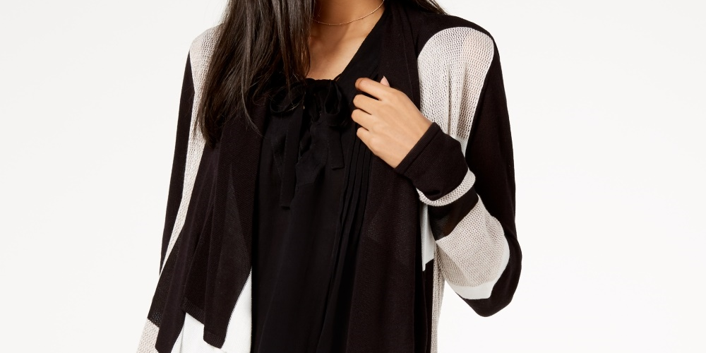 Cardigan feminino drapeado com blocos de cores da INC International Concepts, preto, tamanho PXL