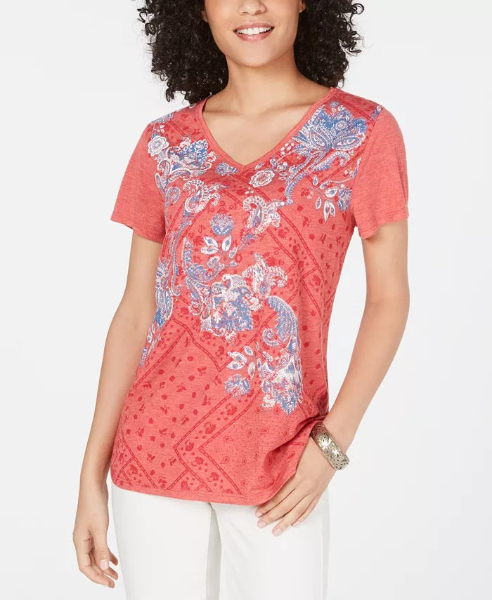Camiseta feminina pequena com estampa gráfica Style &amp; Co, vermelha, tamanho P