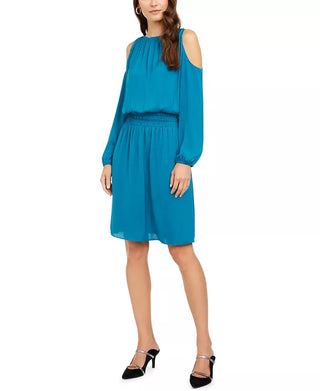 Alfani Vestido Feminino Petite Smocked Cintura Descoberta Ombros Vazados Azul Tamanho Médio