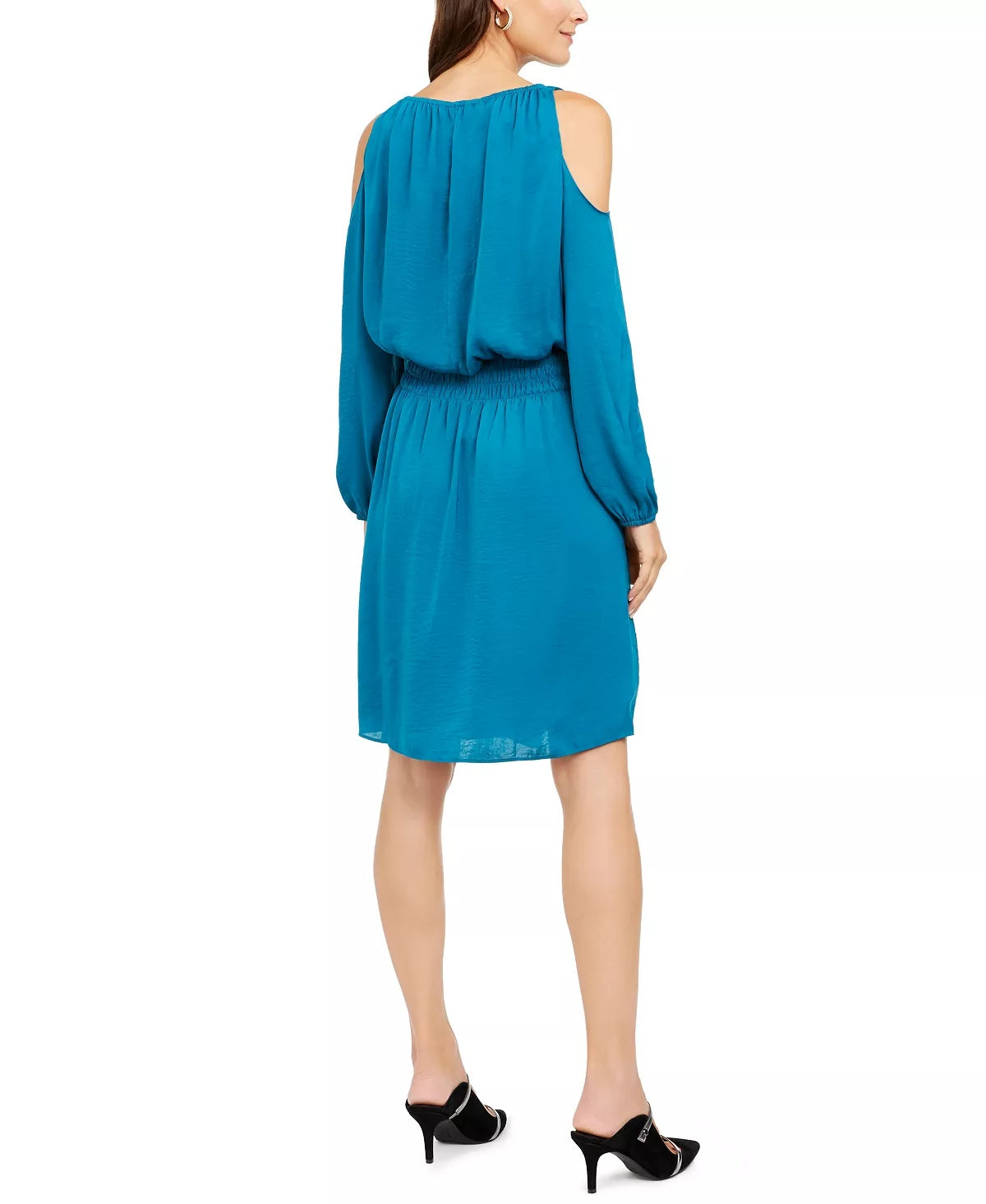 Alfani Vestido Feminino Petite Smocked Cintura Descoberta Ombros Vazados Azul Tamanho Médio