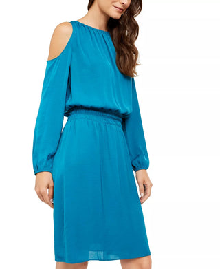 Alfani Vestido Feminino Petite Smocked Cintura Descoberta Ombros Vazados Azul Tamanho Médio