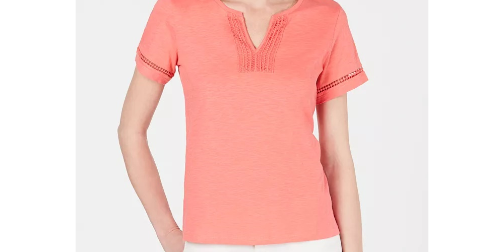 Blusa feminina Charter Club de algodão com decote dividido, coral, tamanho pequeno