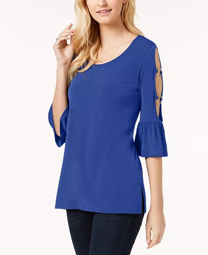 Blusa feminina JM Collection com recorte e babados, azul, tamanho extragrande