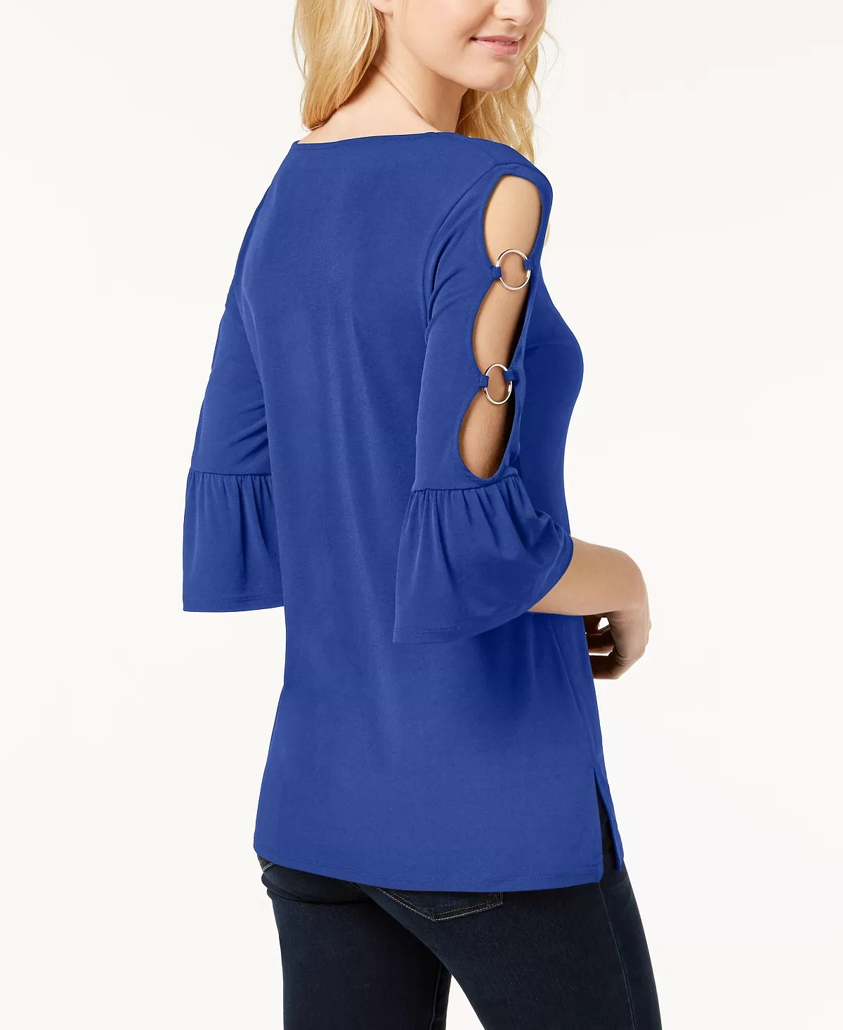 Blusa feminina JM Collection com recorte e babados, azul, tamanho extragrande