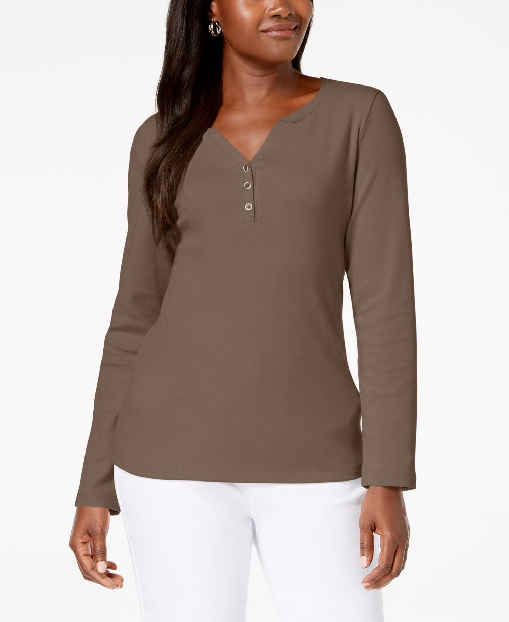 Karen Scott Top Henley de Algodão Feminino Castanho Tamanho P
