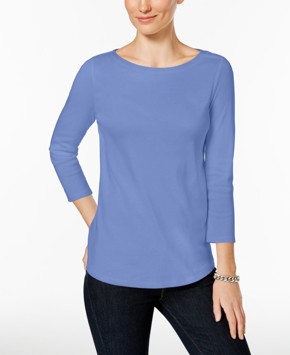 Charter Club Petite Pima Cotton Top de Ombro com Botões Feminino Azul Tamanho - Petite L