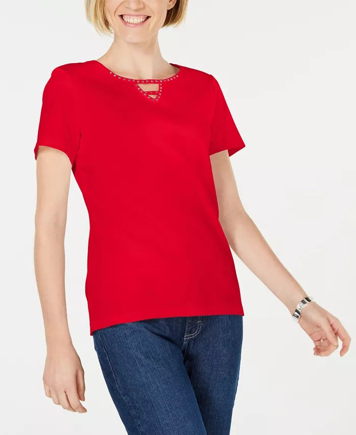 Karen Scott Top Feminino Petite Cotton com Tachas e Decote em V, Azul-marinho, Tamanho Médio