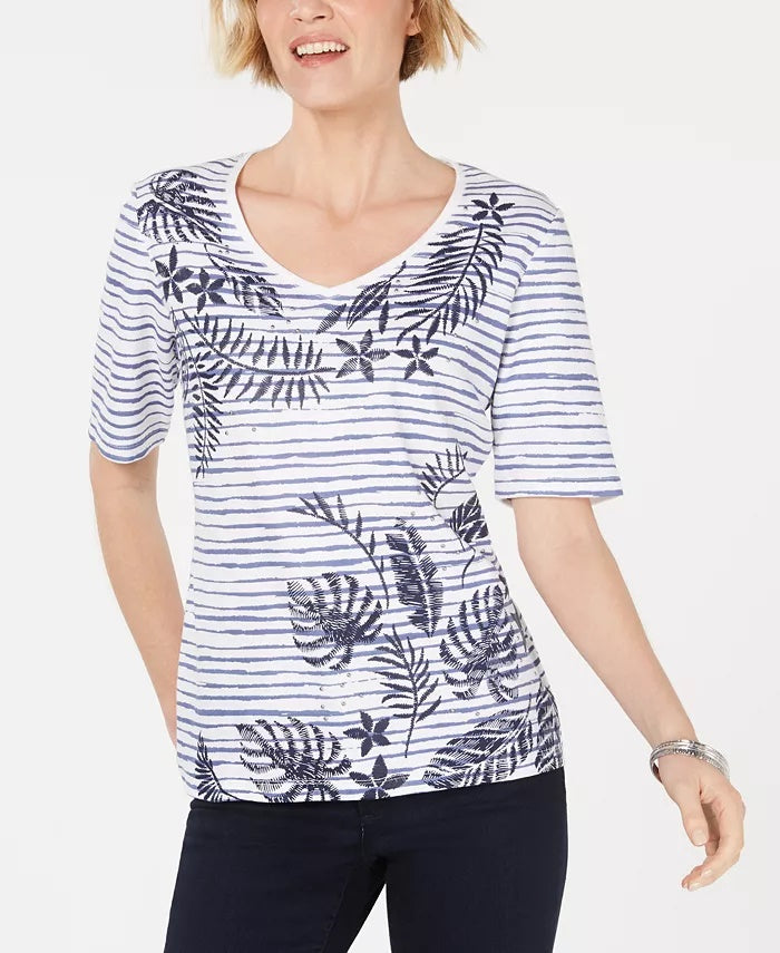 Karen Scott Blusa Feminina de Algodão com Estampa e Enfeites Branca/Verde Tamanho X-G