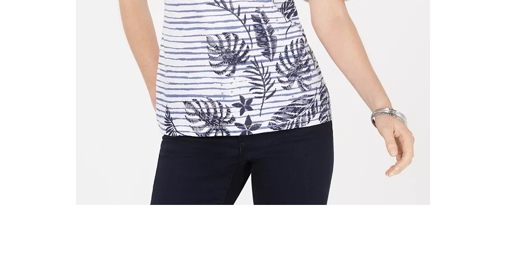 Karen Scott Blusa Feminina de Algodão com Estampa e Enfeites Branca/Verde Tamanho X-G