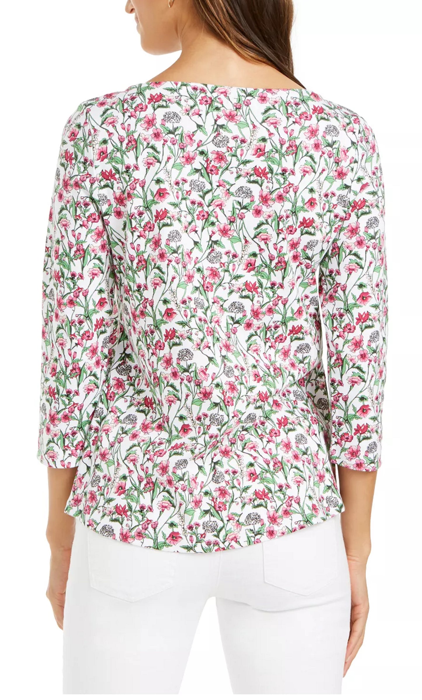 Charter Club Blusa feminina de algodão com estampa floral e gola canoa, branca, tamanho XX-G
