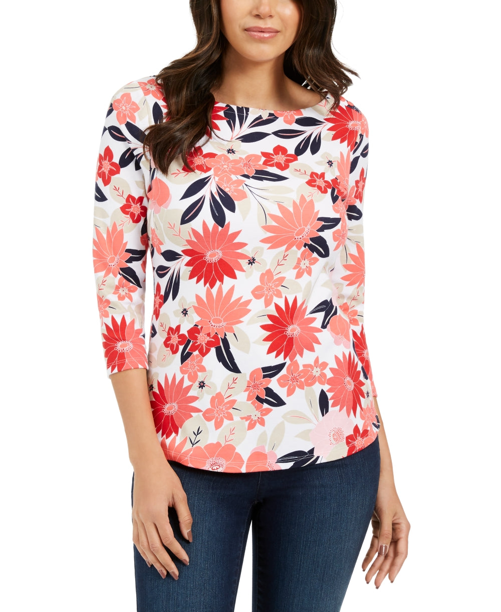 Charter Club Blusa feminina de algodão estampado com decote canoa, vermelha, tamanho pequeno P