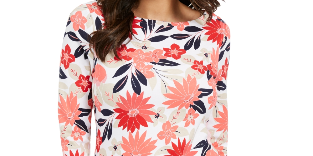 Charter Club Blusa feminina de algodão estampado com decote canoa, vermelha, tamanho pequeno P