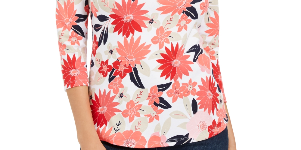 Charter Club Blusa feminina de algodão estampado com decote canoa, vermelha, tamanho pequeno P