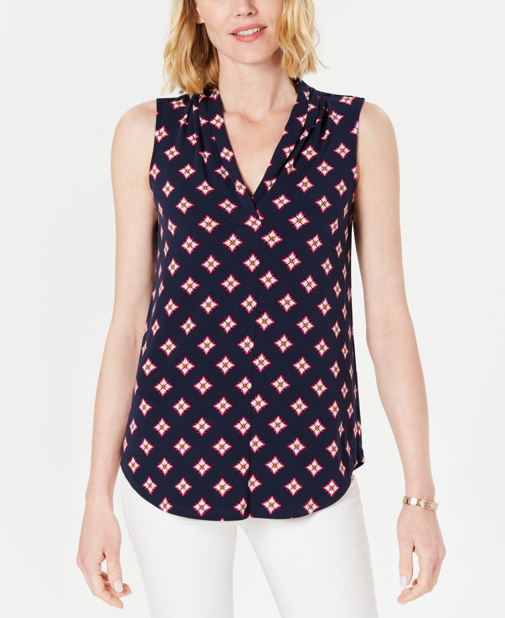 Blusa estampada feminina Charter Club Petite com decote em V, azul, tamanho PXL