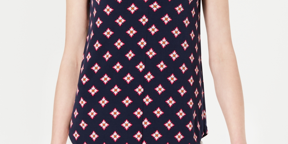 Blusa estampada feminina Charter Club Petite com decote em V, azul, tamanho PXL