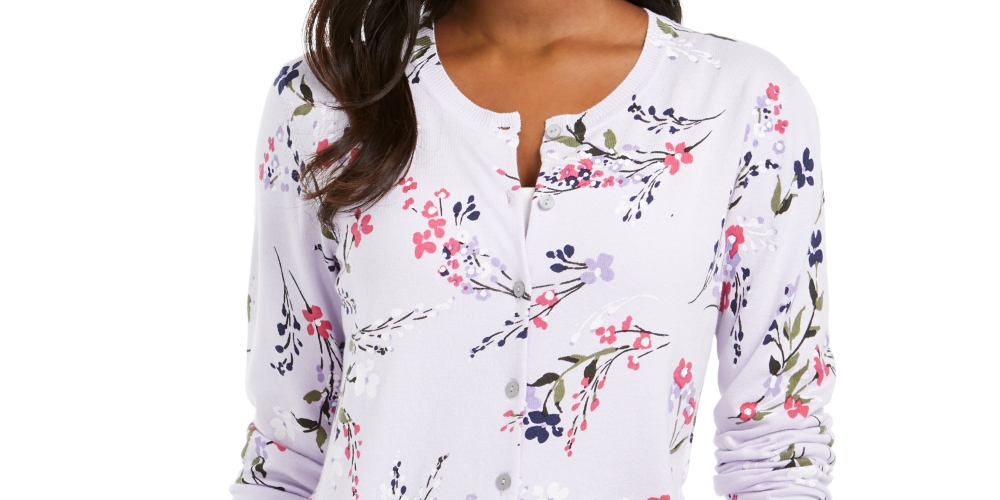 Karen Scott Cardigan Feminino Estampado Floral Roxo Tamanho XXG