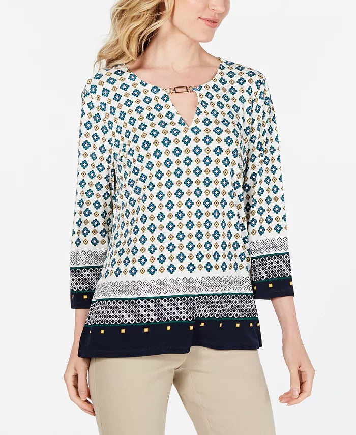 Top feminino com estampa de decote redondo Charter Club, tamanho grande, branco