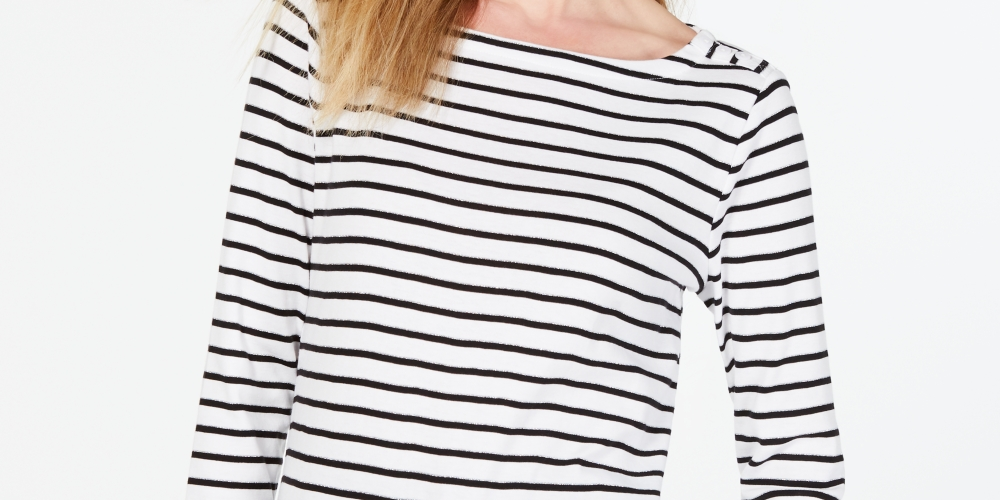 Charter Club Petite Pima Cotton Women's Top com estampa de botões e ombros, branco, tamanho Petite XL