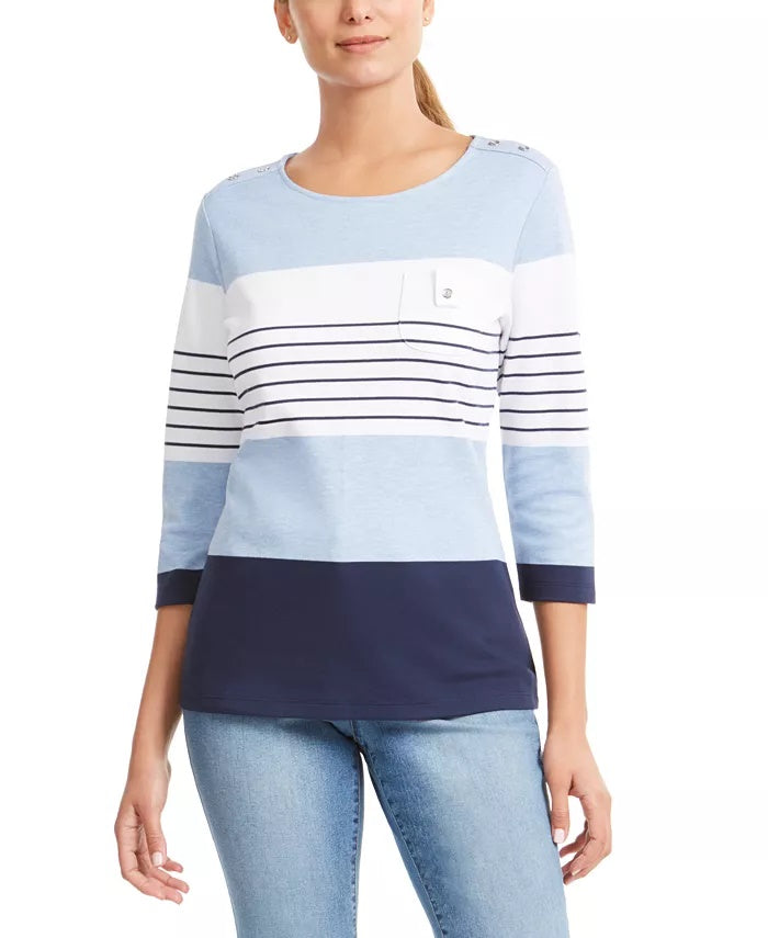 Karen Scott Sport Top Feminino Colorblocked com Botões nos Ombros Azul Tamanho P
