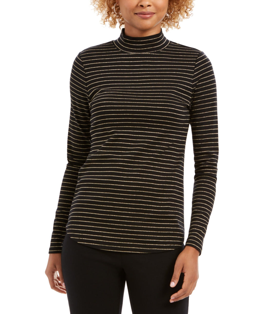 Blusa feminina listrada com gola alta Charter Club, preta, tamanho X-S