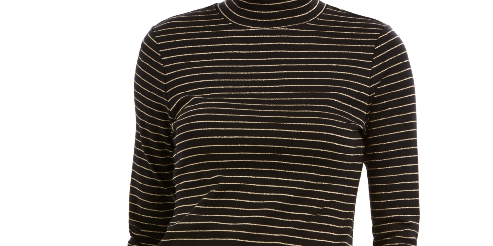 Blusa feminina listrada com gola alta Charter Club, preta, tamanho X-S