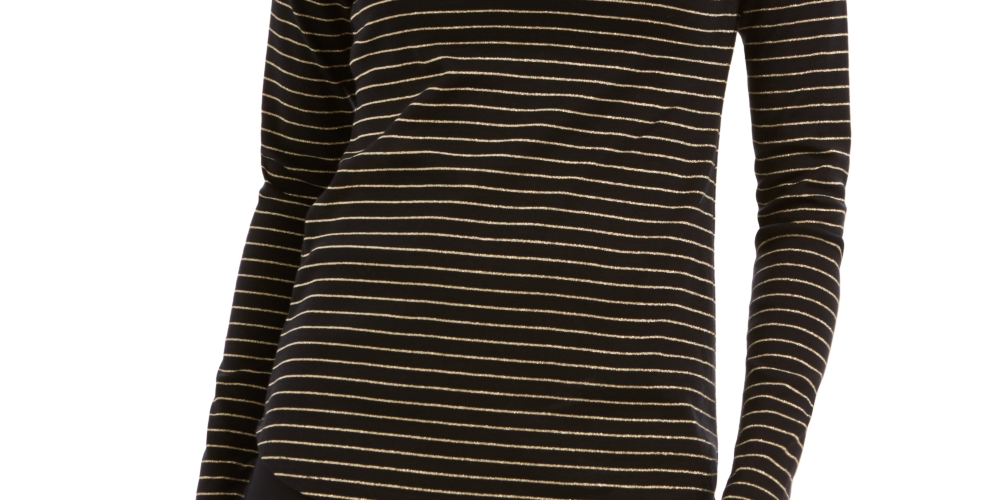 Blusa feminina listrada com gola alta Charter Club, preta, tamanho X-S