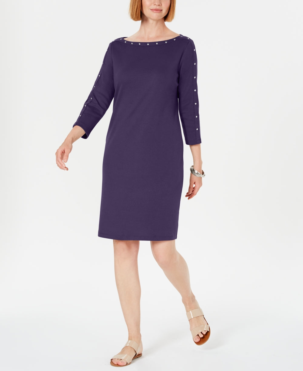 Vestido feminino Karen Scott Petite com decote canoa e tachas, roxo, tamanho pequeno pequeno