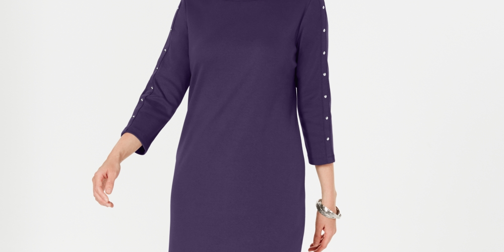 Vestido feminino Karen Scott Petite com decote canoa e tachas, roxo, tamanho pequeno pequeno
