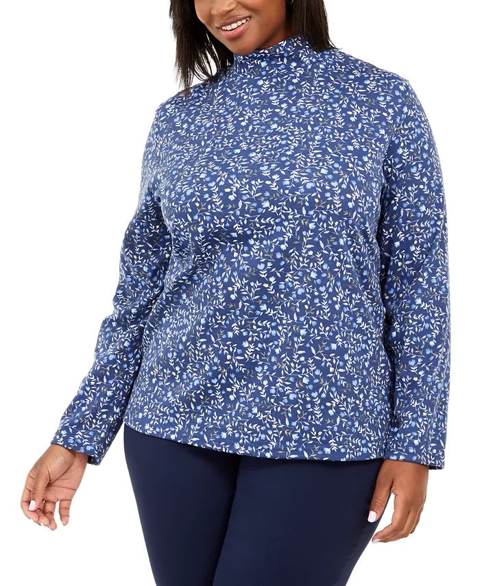 Karen Scott Blusa Plus Size Feminina Estampa Floral Gola Alta Azul Tamanho 0X