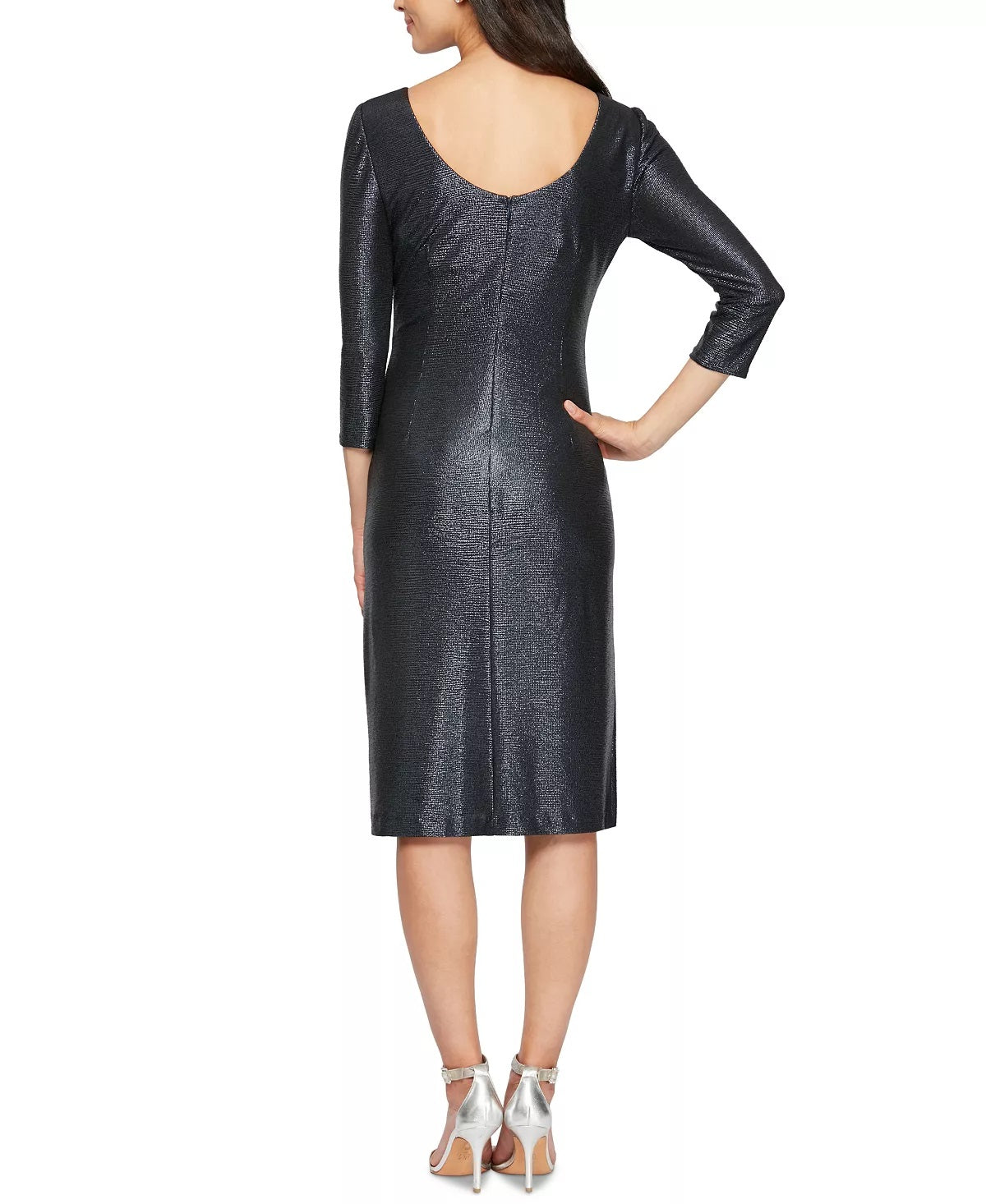 Vestido de coquetel feminino Alex Evenings, azul marinho, manga 3/4, abaixo do joelho, tamanho 10