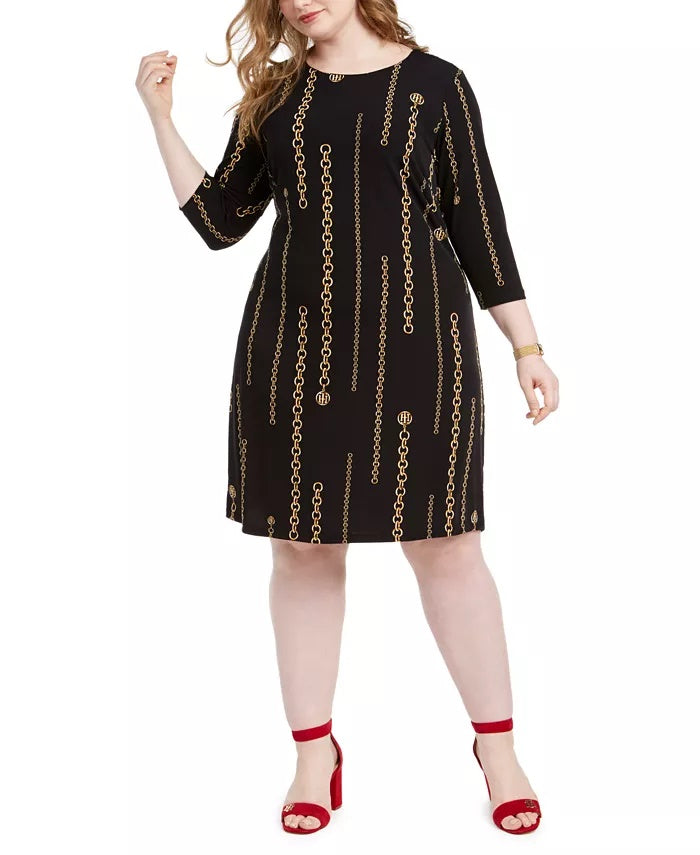 Vestido feminino Tommy Hilfiger Plus com estampa de corrente, preto, tamanho 18W