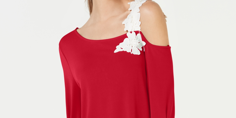 Top Alfani Feminino Petite com Apliques de Um Ombro Vermelho Tamanho Petite S