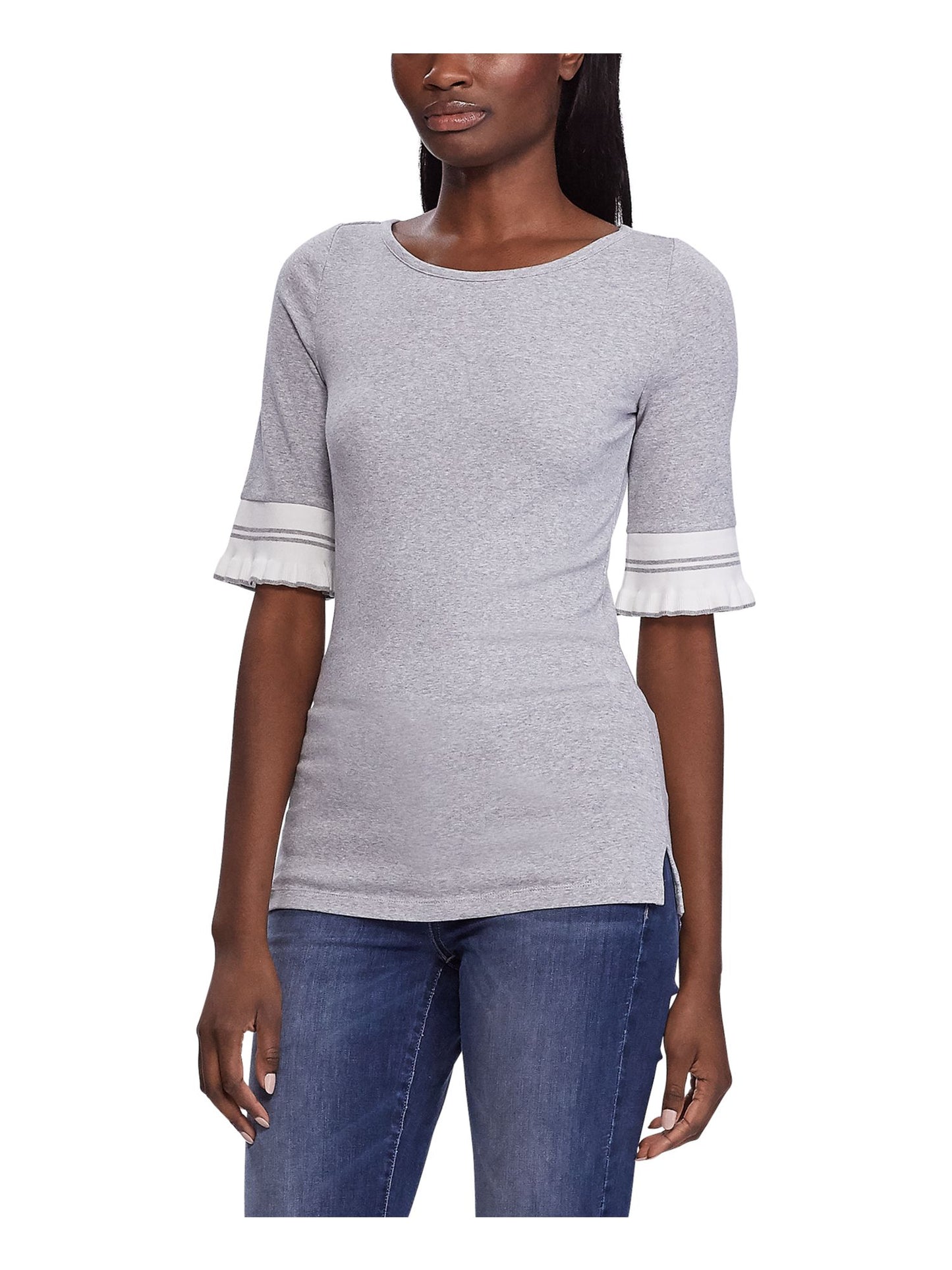 Blusa Ralph Lauren Feminina Cinza com Babados e Manga Curta e Gola Joia, Cinza, Tamanho Médio