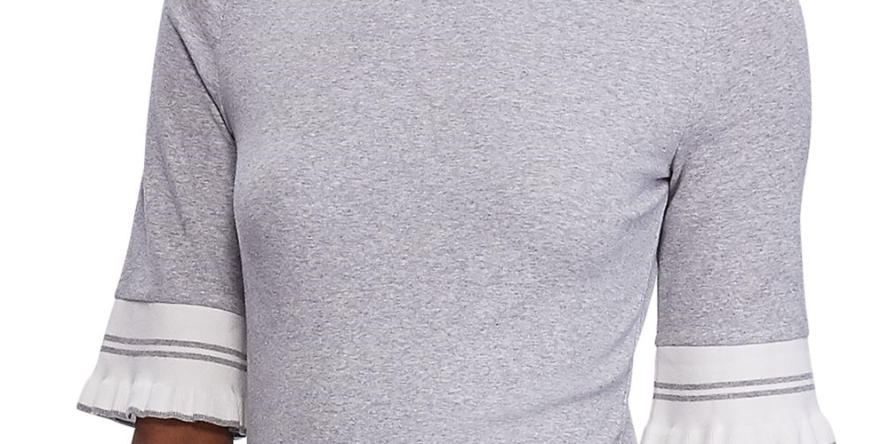 Blusa Ralph Lauren Feminina Cinza com Babados e Manga Curta e Gola Joia, Cinza, Tamanho Médio