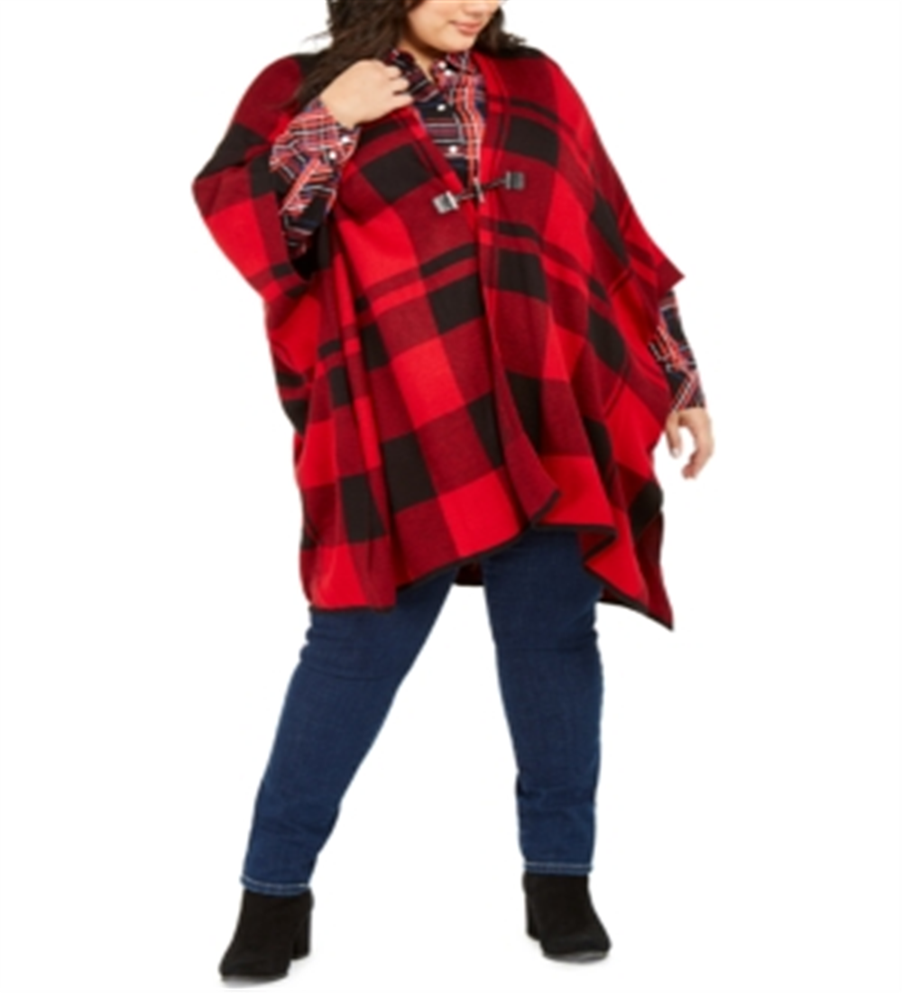 Tommy Hilfiger Suéter feminino plus size xadrez com mangas poncho, vermelho, tamanho GG