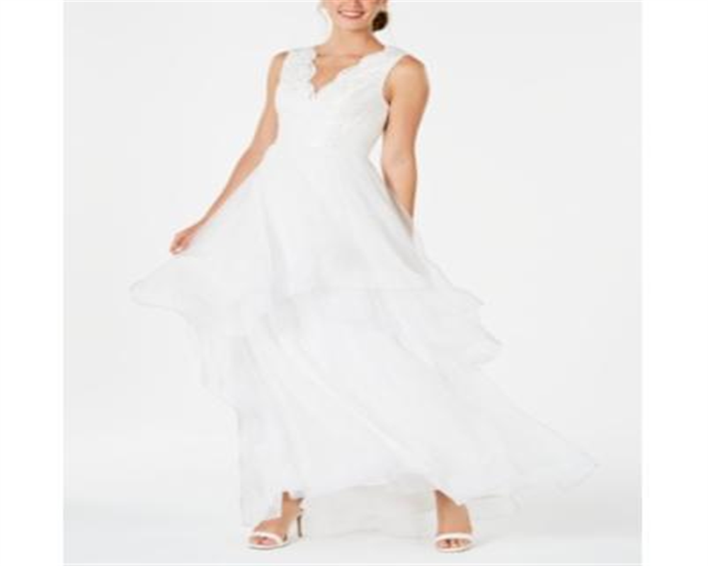 Vestido de festa longo sem mangas e decote em V, branco, tamanho 8, Adrianna Papell