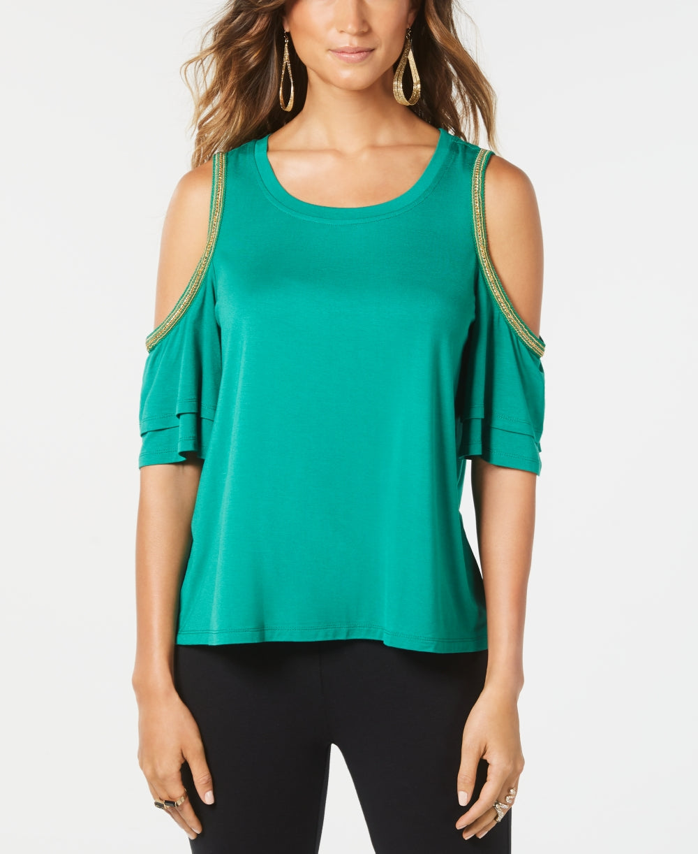 Thalia Sodi Blusa Feminina com Acabamento em Corrente e Ombros à Mostra, Verde, Tamanho Grande